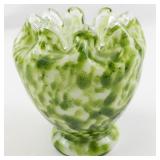 1979 FENTON 5" VASA Murrhina Adventurine Green Crimped Edge Vase.