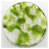 1979 FENTON 5" VASA Murrhina Adventurine Green Crimped Edge Vase.