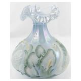 FENTON 8" Blue Opalescent Waterlily Ruffle Hand painted Swan Vase.