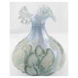 FENTON 8" Blue Opalescent Waterlily Ruffle Hand painted Swan Vase.
