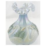 FENTON 8" Blue Opalescent Waterlily Ruffle Hand painted Swan Vase.