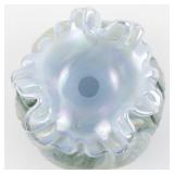 FENTON 8" Blue Opalescent Waterlily Ruffle Hand painted Swan Vase.