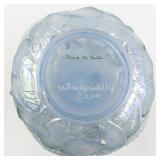 FENTON 8" Blue Opalescent Waterlily Ruffle Hand painted Swan Vase.