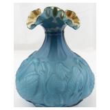 1984 FENTON 8" Azure & Gold Waterlily Ruffle Swan Vase. ***LIMITED EDITION #375/1500***
