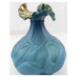 1984 FENTON 8" Azure & Gold Waterlily Ruffle Swan Vase. ***LIMITED EDITION #375/1500***