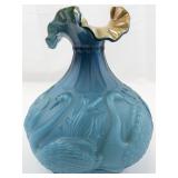 1984 FENTON 8" Azure & Gold Waterlily Ruffle Swan Vase. ***LIMITED EDITION #375/1500***