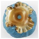 1984 FENTON 8" Azure & Gold Waterlily Ruffle Swan Vase. ***LIMITED EDITION #375/1500***