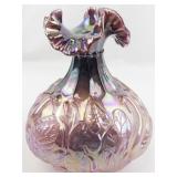FENTON 8" Iridescent Plum Opal Carnival Swan Double Ruffle Swan Vase.