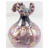 FENTON 8" Iridescent Plum Opal Carnival Swan Double Ruffle Swan Vase.