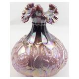 FENTON 8" Iridescent Plum Opal Carnival Swan Double Ruffle Swan Vase.