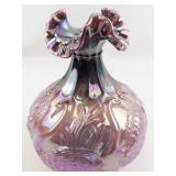 FENTON 8" Iridescent Plum Opal Carnival Swan Double Ruffle Swan Vase.