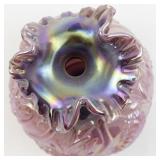 FENTON 8" Iridescent Plum Opal Carnival Swan Double Ruffle Swan Vase.