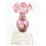 FENTON 7" Cranberry Opalescent Hand painted Floral Ruffle Vase. ***LIMITED EDITION #5912/6000***