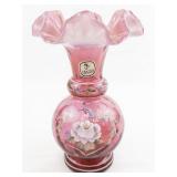 FENTON 7" Cranberry Opalescent Hand painted Floral Ruffle Vase. ***LIMITED EDITION #5912/6000***