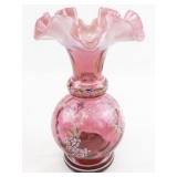 FENTON 7" Cranberry Opalescent Hand painted Floral Ruffle Vase. ***LIMITED EDITION #5912/6000***