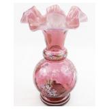 FENTON 7" Cranberry Opalescent Hand painted Floral Ruffle Vase. ***LIMITED EDITION #5912/6000***