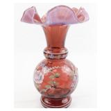 FENTON 7" Cranberry Diamond Optic Hand painted Floral Ruffle Vase. ***LIMITED EDITION #216/6000***