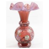 FENTON 7" Cranberry Diamond Optic Hand painted Floral Ruffle Vase. ***LIMITED EDITION #216/6000***