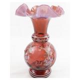 FENTON 7" Cranberry Diamond Optic Hand painted Floral Ruffle Vase. ***LIMITED EDITION #216/6000***