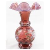FENTON 7" Cranberry Diamond Optic Hand painted Floral Ruffle Vase. ***LIMITED EDITION #216/6000***