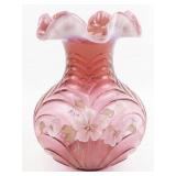 FENTON 8"  Mary Gregory Cranberry Hand painted Cranberry Drapery Ruffle Vase.