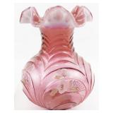 FENTON 8"  Mary Gregory Cranberry Hand painted Cranberry Drapery Ruffle Vase.
