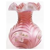 FENTON 8"  Mary Gregory Cranberry Hand painted Cranberry Drapery Ruffle Vase.