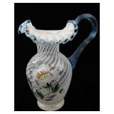 FENTON 9" Poppy Spiral Optic "90th Anniversary" Hand painted Pitcher. -Measures: 9.5x7.5