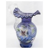 FENTON 9.5" Crimped Mulberry Spiral Optic Hand painted Floral & Butterfly Pitcher.