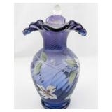 FENTON 9.5" Crimped Mulberry Spiral Optic Hand painted Floral & Butterfly Pitcher.