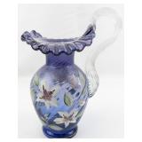 FENTON 9.5" Crimped Mulberry Spiral Optic Hand painted Floral & Butterfly Pitcher.