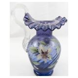 FENTON 9.5" Crimped Mulberry Spiral Optic Hand painted Floral & Butterfly Pitcher.