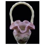 FENTON Rose Burmese Open Heart Arches Hand painted Twisted Handle Basket.