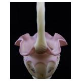 FENTON Rose Burmese Open Heart Arches Hand painted Twisted Handle Basket.