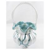 FENTON 9" Teal & Milk glass Iridescent with Spiral Rope Handle Basket.***LIMITED EDITION #58/2500*** (Has Crack)