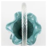 FENTON 9" Teal & Milk glass Iridescent with Spiral Rope Handle Basket.***LIMITED EDITION #58/2500*** (Has Crack)