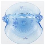 1995 FENTON 10" Celeste Blue Coralene Floral Hand painted Diamond Optic Basket. ***This Piece of the Family Signature Series is #707 of the Coralene on Celeste Blue***