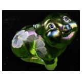 FENTON Green Apple Hand painted Floral Sitting Pig Figurine.