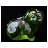 FENTON Green Apple Hand painted Floral Sitting Pig Figurine.