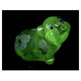 FENTON Green Apple Hand painted Floral Sitting Pig Figurine.