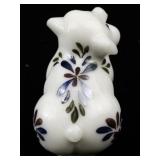FENTON White Satin? Hand painted Floral Sitting Pig Figurine.