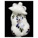 FENTON White Satin? Hand painted Floral Sitting Pig Figurine.