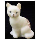 FENTON Custard Hand Painted Roses Sitting Cat Figurine.