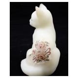 FENTON Custard Hand Painted Roses Sitting Cat Figurine.