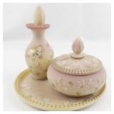 FENTON Burmese Sparkling Gold & Iced Hand painted Vanity Set. -Trinket Box, Perfume Bottle. ***LIMITED EDITION #884/2000 -Estimated Replacement Value $500***