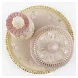 FENTON Burmese Sparkling Gold & Iced Hand painted Vanity Set. -Trinket Box, Perfume Bottle. ***LIMITED EDITION #884/2000 -Estimated Replacement Value $500***