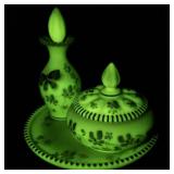 FENTON Burmese Sparkling Gold & Iced Hand painted Vanity Set. -Trinket Box, Perfume Bottle. ***LIMITED EDITION #884/2000 -Estimated Replacement Value $500***