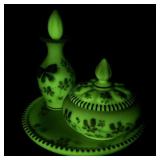 FENTON Burmese Sparkling Gold & Iced Hand painted Vanity Set. -Trinket Box, Perfume Bottle. ***LIMITED EDITION #884/2000 -Estimated Replacement Value $500***