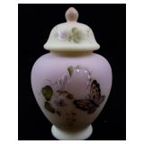 FENTON Burmese Hand painted Floral & Butterfly Temple Jar. ***Convention Piece***