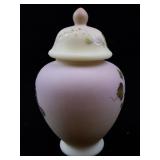FENTON Burmese Hand painted Floral & Butterfly Temple Jar. ***Convention Piece***